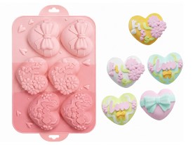 Molde silicona tricolor rosa 6 corazones decorados relieve